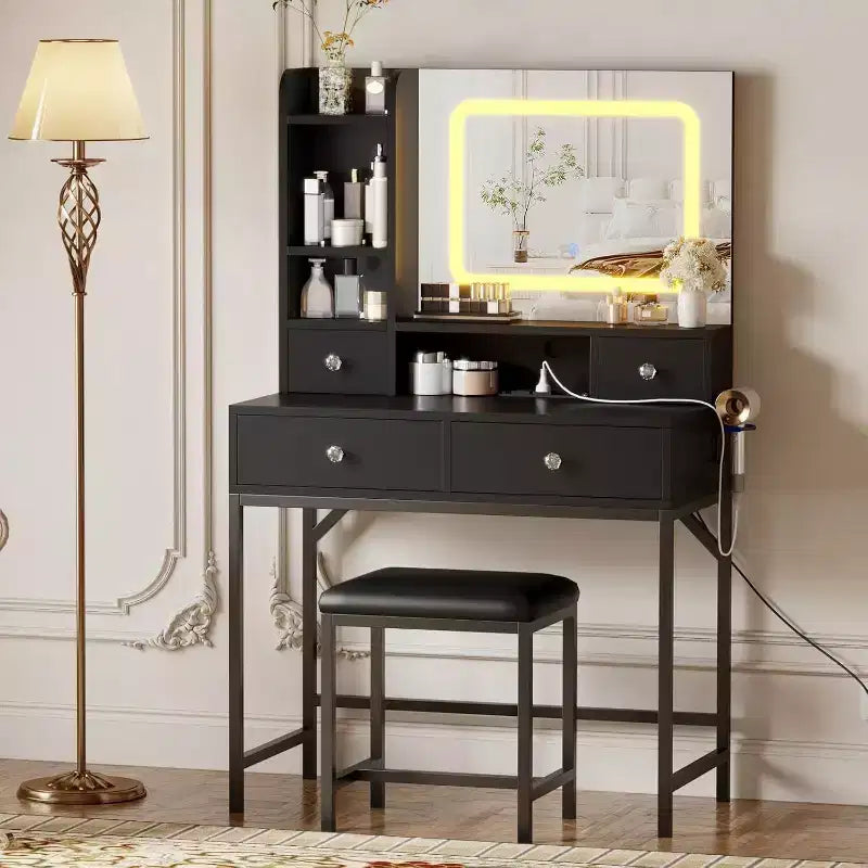Coiffeuse Acekool avec miroir, lumières LED 3 couleurs, station de charge, 4 tiroirs, 6 étagères, tabouret, blanc et or