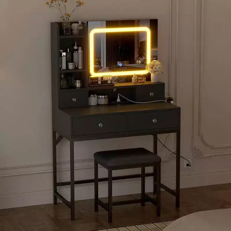 Coiffeuse Acekool avec miroir, lumières LED 3 couleurs, station de charge, 4 tiroirs, 6 étagères, tabouret, blanc et or