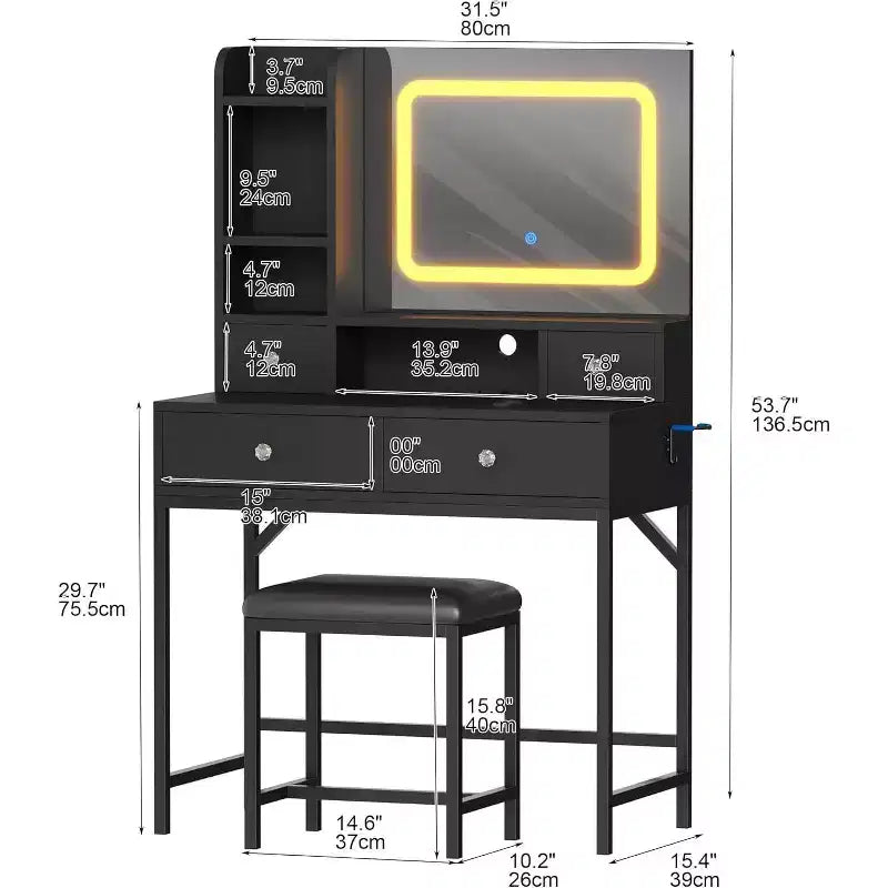 Coiffeuse Acekool avec miroir, lumières LED 3 couleurs, station de charge, 4 tiroirs, 6 étagères, tabouret, blanc et or