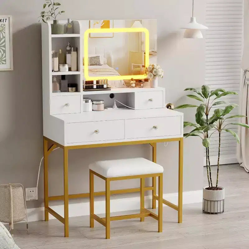 Coiffeuse Acekool avec miroir, lumières LED 3 couleurs, station de charge, 4 tiroirs, 6 étagères, tabouret, blanc et or
