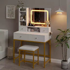 Coiffeuse Acekool avec miroir, lumières LED 3 couleurs, station de charge, 4 tiroirs, 6 étagères, tabouret, blanc et or