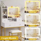 Coiffeuse Acekool avec miroir, lumières LED 3 couleurs, station de charge, 4 tiroirs, 6 étagères, tabouret, blanc et or