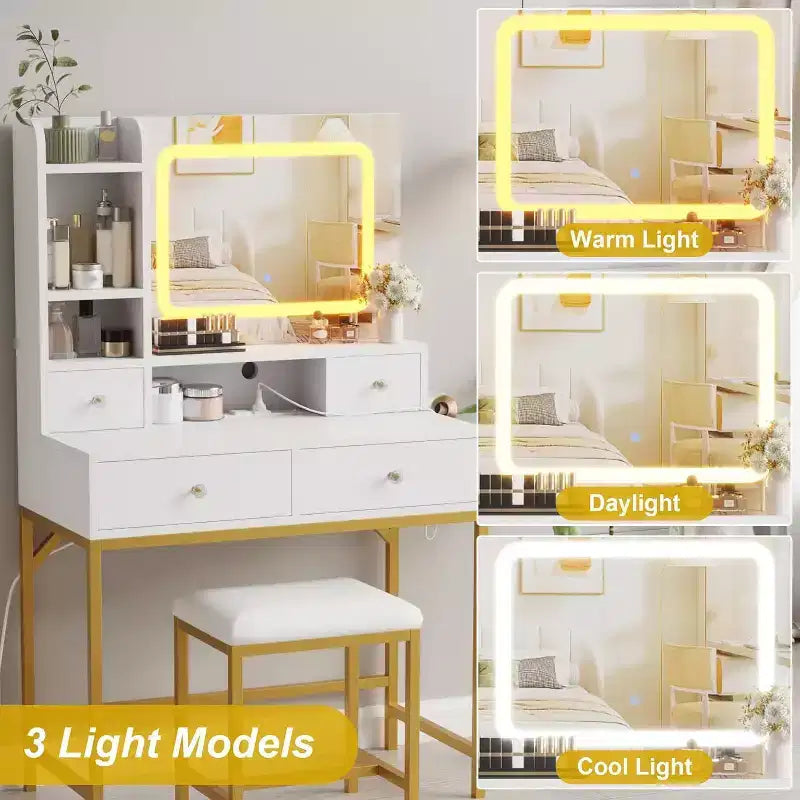 Coiffeuse Acekool avec miroir, lumières LED 3 couleurs, station de charge, 4 tiroirs, 6 étagères, tabouret, blanc et or