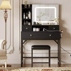 Acekool Makeup Vanity Desk with Mirror, 3-Color LED Lights, Charging Station, 4 Drawers, 6 Shelves, Stool, White Gold