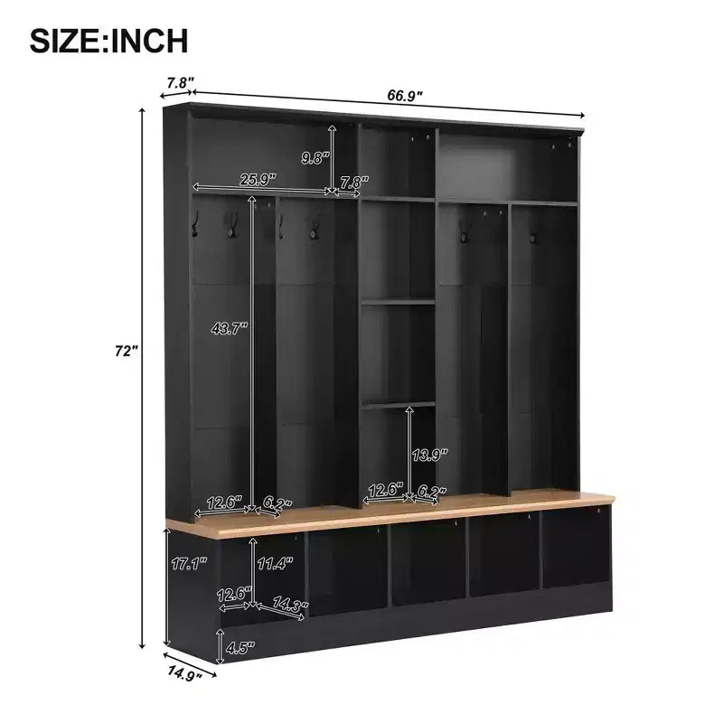 Le porte-manteau Misty Moon Black Hall Tree avec banc de rangement, meuble à chaussures avec rangement cube et étagères, patère multifonctionnelle avec 8 crochets