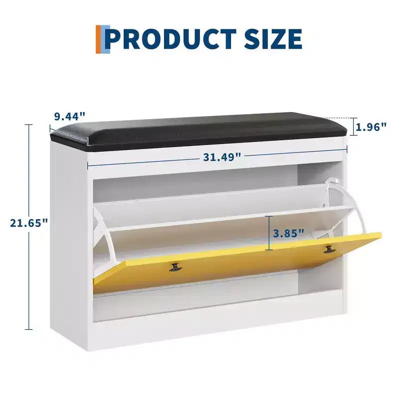 Banc de rangement pour chaussures GustoWave de 31,5'', banc de rangement pour chaussures moderne blanc avec tiroir rabattable et coussin en PU, meuble à chaussures d'entrée moderne pour couloir