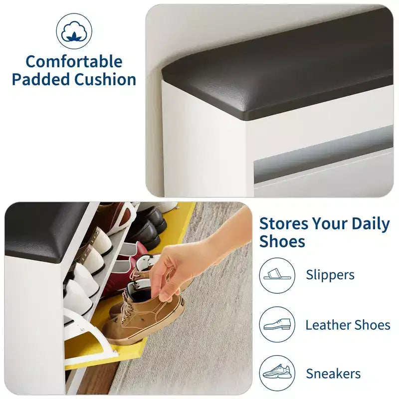 Banc de rangement pour chaussures GustoWave de 31,5'', banc de rangement pour chaussures moderne blanc avec tiroir rabattable et coussin en PU, meuble à chaussures d'entrée moderne pour couloir