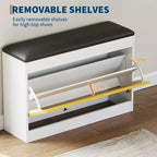 Banc de rangement pour chaussures GustoWave de 31,5'', banc de rangement pour chaussures moderne blanc avec tiroir rabattable et coussin en PU, meuble à chaussures d'entrée moderne pour couloir