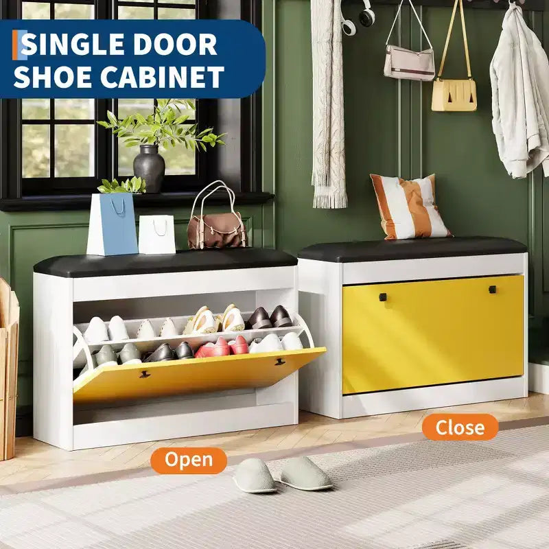 Banc de rangement pour chaussures GustoWave de 31,5'', banc de rangement pour chaussures moderne blanc avec tiroir rabattable et coussin en PU, meuble à chaussures d'entrée moderne pour couloir