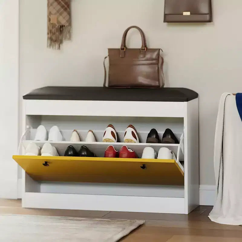 Banc de rangement pour chaussures GustoWave de 31,5'', banc de rangement pour chaussures moderne blanc avec tiroir rabattable et coussin en PU, meuble à chaussures d'entrée moderne pour couloir