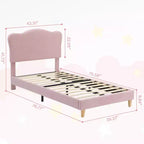 Cadre de lit double rembourré pour enfants avec tête de lit festonnée, lit double mignon en velours pour filles, garçons, lit plateforme robuste, rose