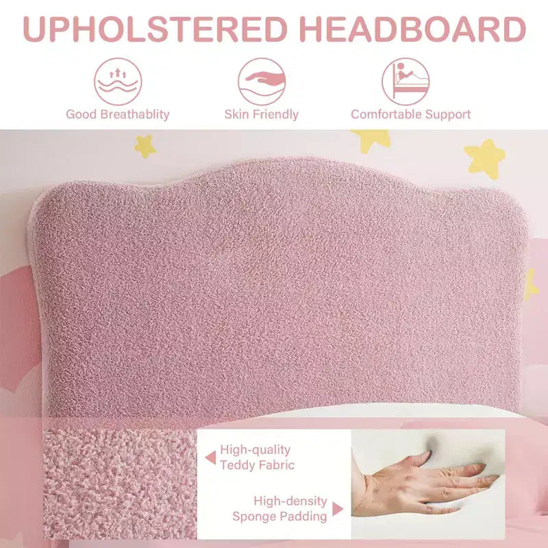 Cadre de lit double rembourré pour enfants avec tête de lit festonnée, lit double mignon en velours pour filles, garçons, lit plateforme robuste, rose