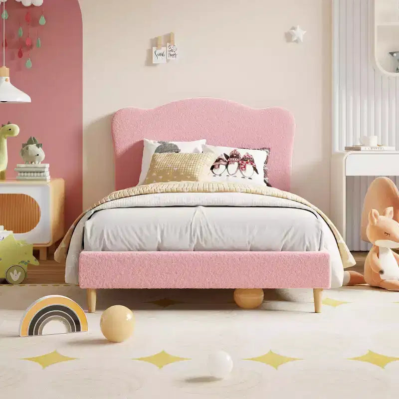 Cadre de lit double rembourré pour enfants avec tête de lit festonnée, lit double mignon en velours pour filles, garçons, lit plateforme robuste, rose