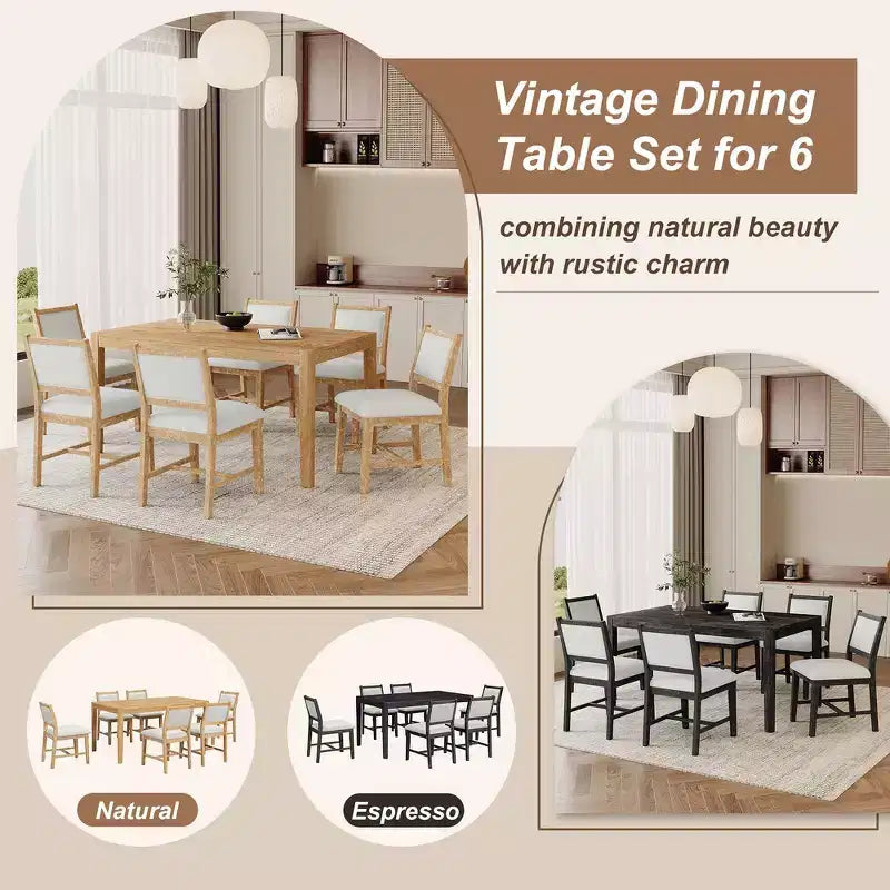 Ensemble de salle à manger Whisen Mid-Century 7 pièces pour 6 personnes, table en bois et chaises rembourrées confortables
