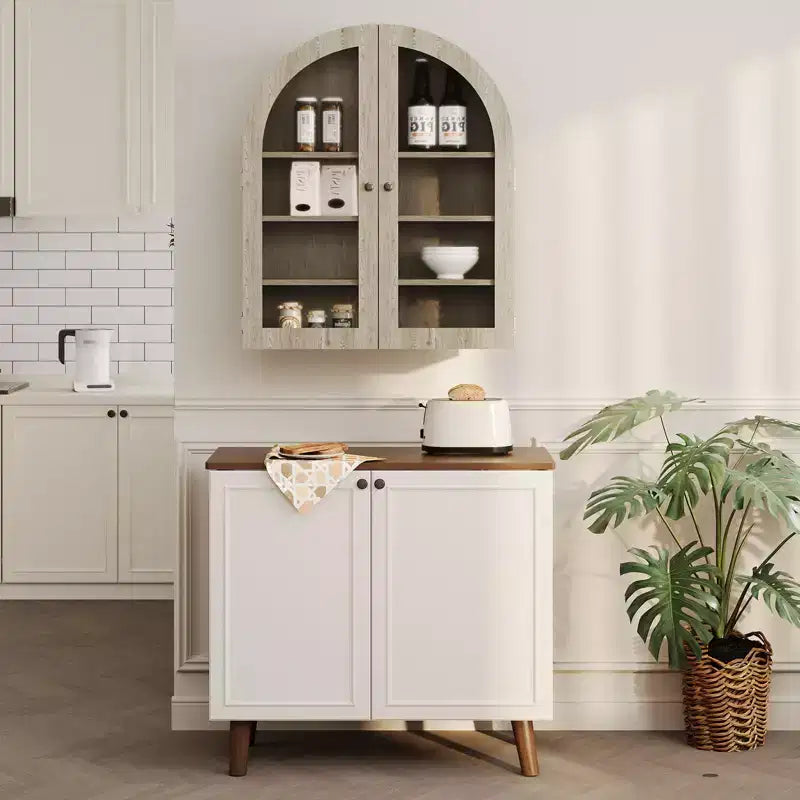 Petit meuble mural arqué avec portes vitrées, armoire de rangement murale de 61 cm avec étagère réglable, pour cuisine, salle de bain, buanderie
