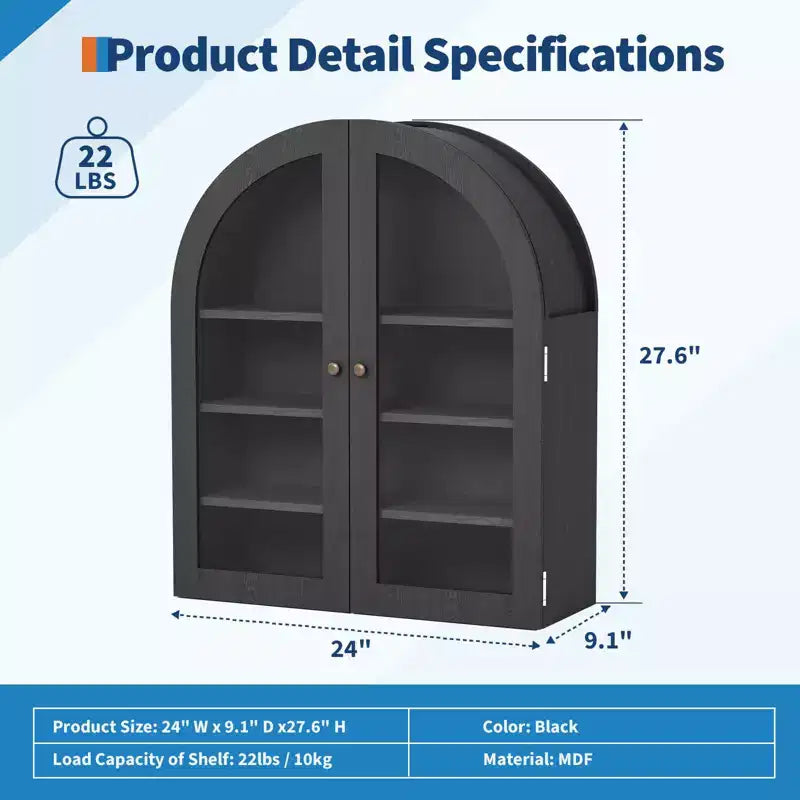 Petit meuble mural arqué avec portes vitrées, armoire de rangement murale de 61 cm avec étagère réglable, pour cuisine, salle de bain, buanderie