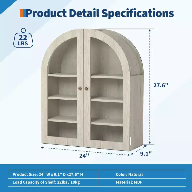 Petit meuble mural arqué avec portes vitrées, armoire de rangement murale de 61 cm avec étagère réglable, pour cuisine, salle de bain, buanderie