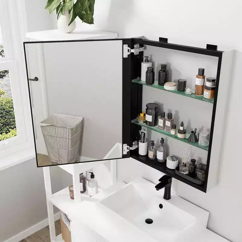 PexFix Armoire de toilette 66 x 50,8 cm avec miroir, cadre en acier inoxydable et 2 étagères réglables, armoires à pharmacie murales, miroirs rectangulaires encastrés, noir