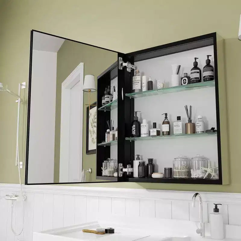 PexFix Armoire de toilette 66 x 50,8 cm avec miroir, cadre en acier inoxydable et 2 étagères réglables, armoires à pharmacie murales, miroirs rectangulaires encastrés, noir