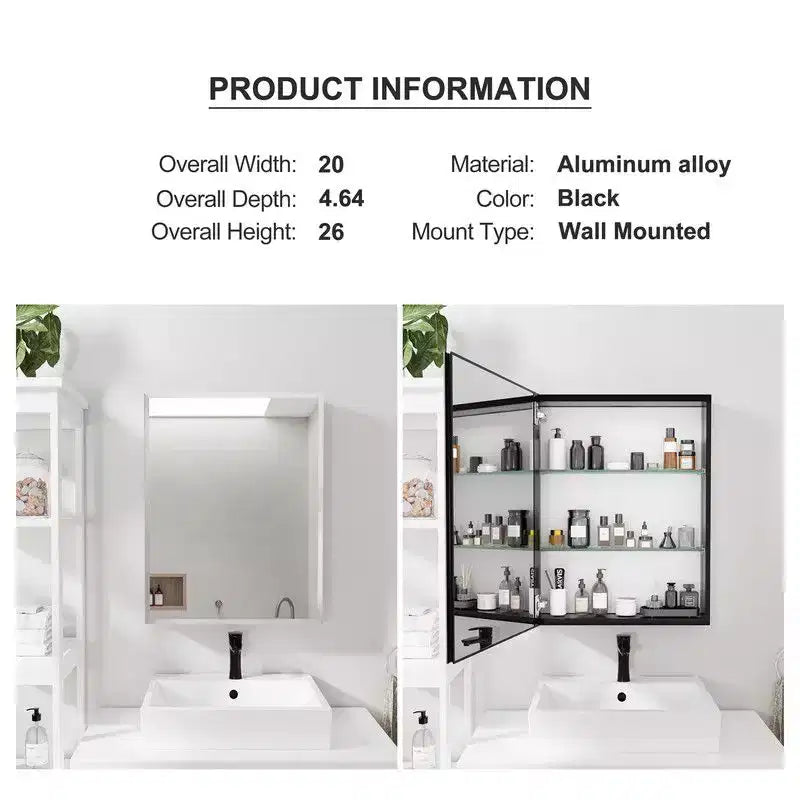PexFix Armoire de toilette 66 x 50,8 cm avec miroir, cadre en acier inoxydable et 2 étagères réglables, armoires à pharmacie murales, miroirs rectangulaires encastrés, noir