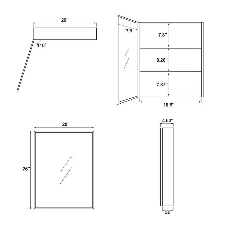 PexFix Armoire de toilette 66 x 50,8 cm avec miroir, cadre en acier inoxydable et 2 étagères réglables, armoires à pharmacie murales, miroirs rectangulaires encastrés, noir