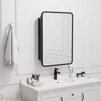 PexFix Armoire de toilette 28 x 20 avec miroir Cadre en acier inoxydable et 2 étagères réglables Armoires à pharmacie murales Miroirs Rectangulaire Encastré Noir