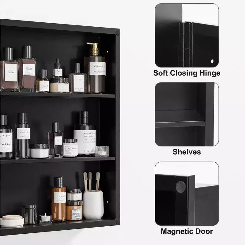 PexFix Armoire de toilette 28 x 20 avec miroir Cadre en acier inoxydable et 2 étagères réglables Armoires à pharmacie murales Miroirs Rectangulaire Encastré Noir