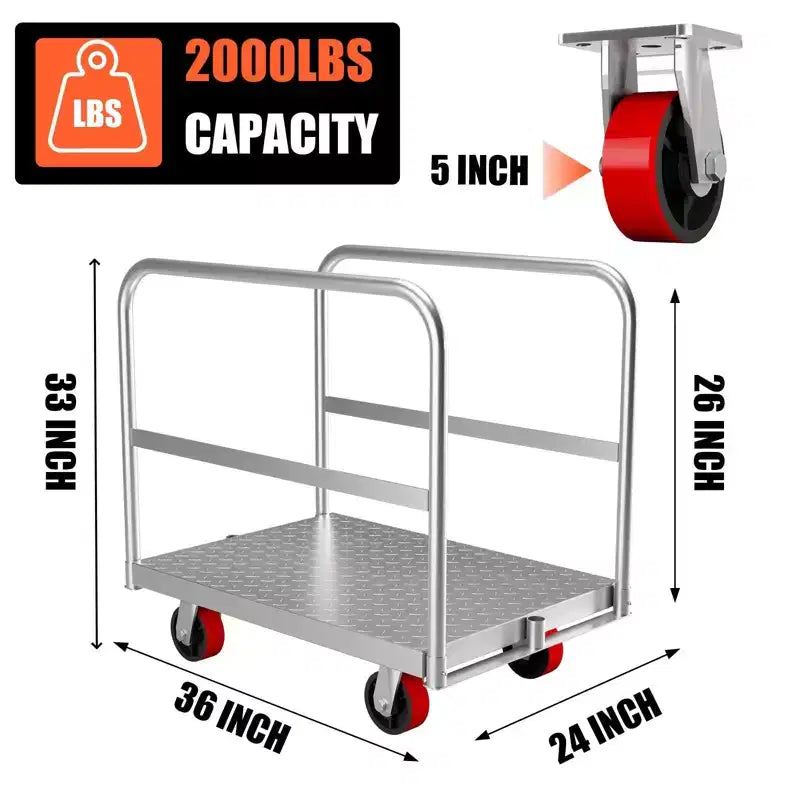 Chariot de transport, chariot en acier – Capacité de 907 kg, diable à plateau robuste avec roulettes pivotantes de 12,7 cm, 91,4 cm L x 61 cm l, rampes latérales 3 pans