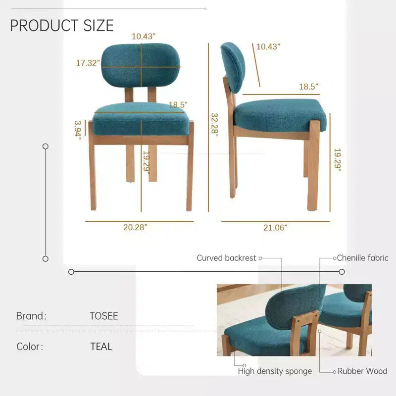 PexFix Lot de 2 chaises de salle à manger en bois, chaises de salle à manger modernes rembourrées en tissu, chaises de cuisine, chaises de salle à manger de style ferme pour cuisine, salle à manger, couleur sarcelle