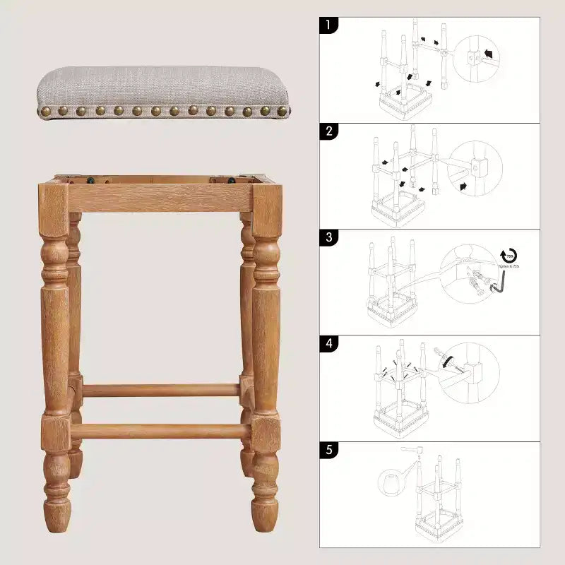 Subrtex 26.6Tabouret de comptoir et de bar sans dossier en bois massif, rembourré en lin avec garniture cloutée, cadre en bois massif rustique pour cuisine et bar (Lot de 2)
