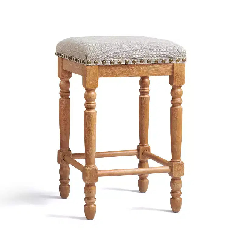 Subrtex 26.6Tabouret de comptoir et de bar sans dossier en bois massif, rembourré en lin avec garniture cloutée, cadre en bois massif rustique pour cuisine et bar (Lot de 2)
