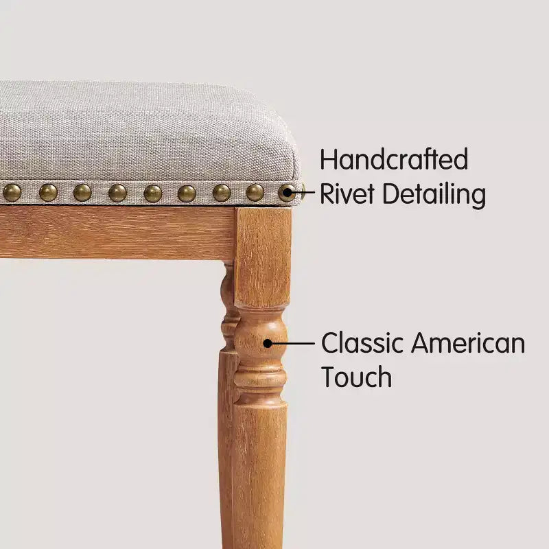 Subrtex 26.6Tabouret de comptoir et de bar sans dossier en bois massif, rembourré en lin avec garniture cloutée, cadre en bois massif rustique pour cuisine et bar (Lot de 2)