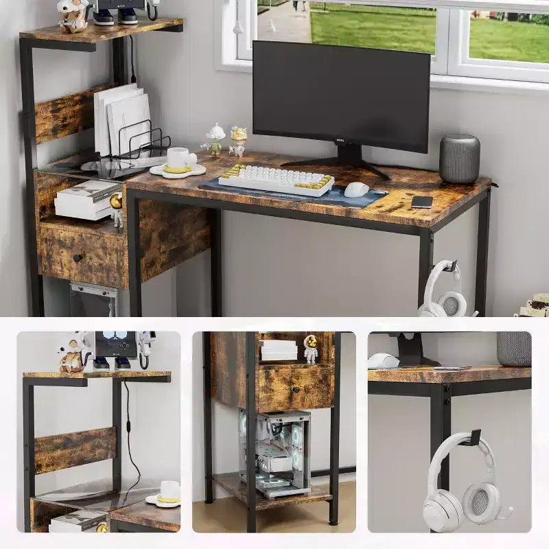Bureau d'ordinateur rustique Okak avec étagères de rangement et tiroir/placard, bureau d'écriture multifonctionnel pour l'étude, le bureau, le studio