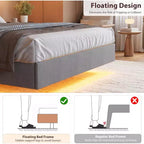Cadre de lit flottant sécurisé COZONY, lumières LED et station de charge, tête de lit rembourrée, lattes en bois