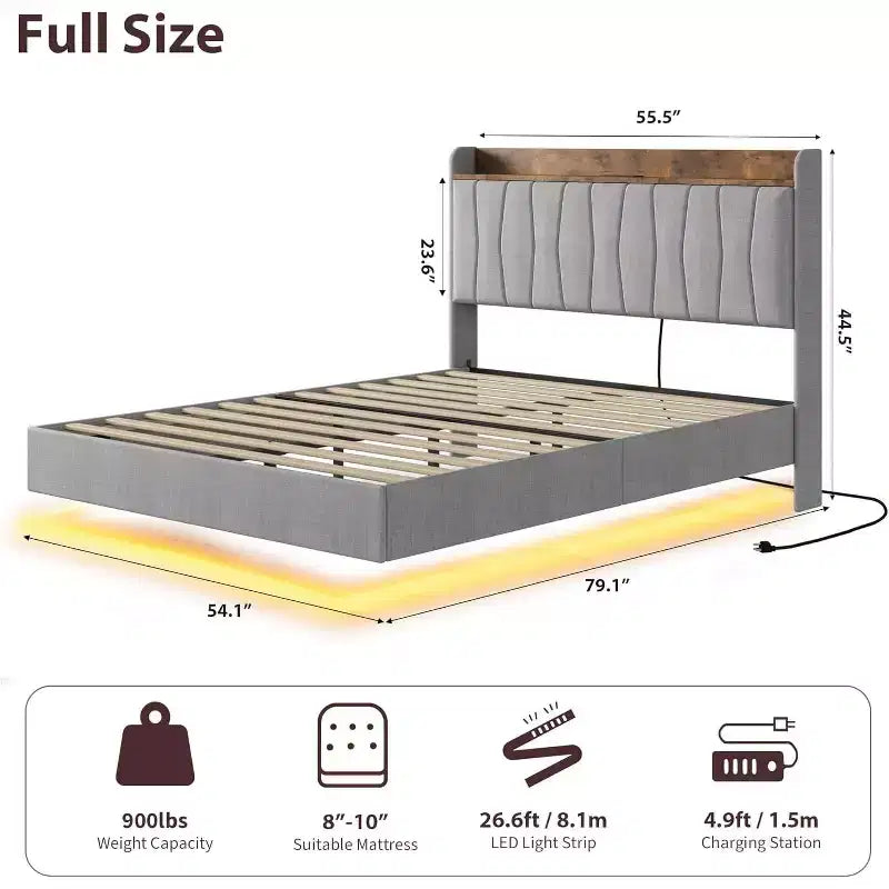 Cadre de lit flottant sécurisé COZONY, lumières LED et station de charge, tête de lit rembourrée, lattes en bois