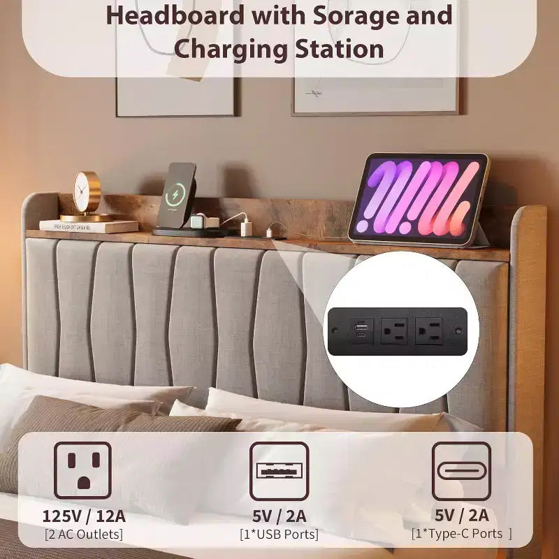 Cadre de lit flottant sécurisé COZONY, lumières LED et station de charge, tête de lit rembourrée, lattes en bois