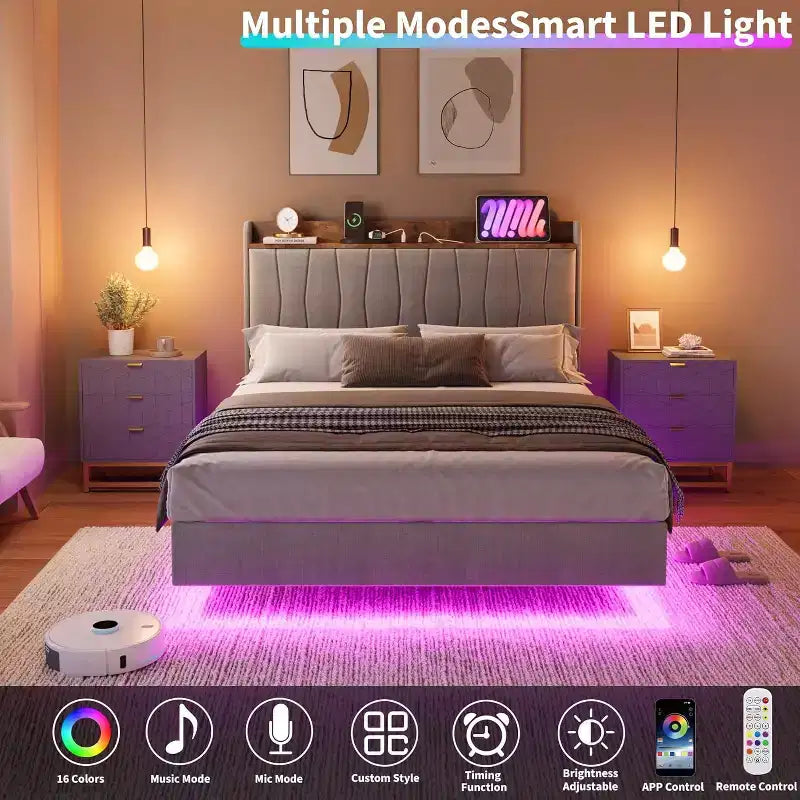 Cadre de lit flottant sécurisé COZONY, lumières LED et station de charge, tête de lit rembourrée, lattes en bois