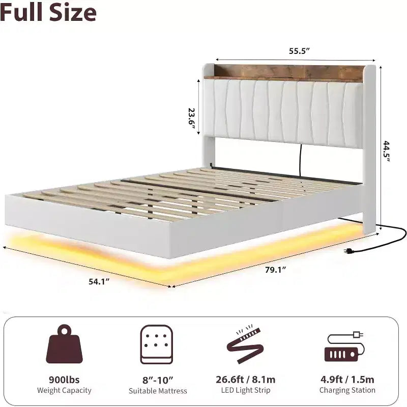 Cadre de lit flottant sécurisé COZONY, lumières LED et station de charge, tête de lit rembourrée, lattes en bois
