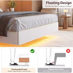 Cadre de lit flottant sécurisé COZONY, lumières LED et station de charge, tête de lit rembourrée, lattes en bois
