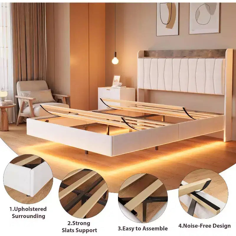 Cadre de lit flottant sécurisé COZONY, lumières LED et station de charge, tête de lit rembourrée, lattes en bois