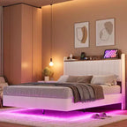 Cadre de lit flottant sécurisé COZONY, lumières LED et station de charge, tête de lit rembourrée, lattes en bois