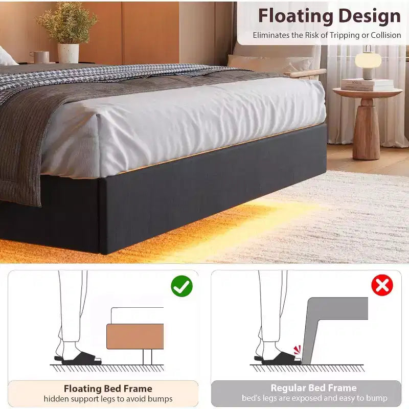 Cadre de lit flottant sécurisé COZONY, lumières LED et station de charge, tête de lit rembourrée, lattes en bois
