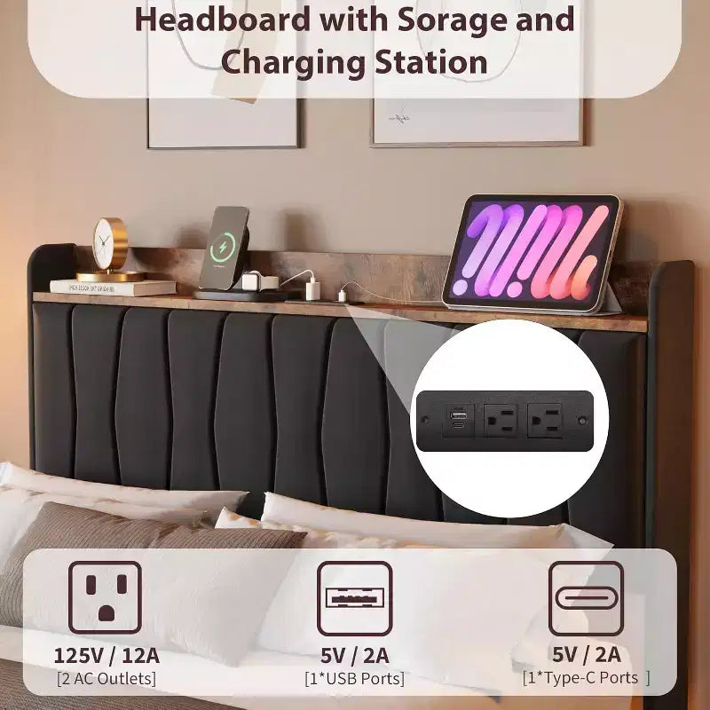 Cadre de lit flottant sécurisé COZONY, lumières LED et station de charge, tête de lit rembourrée, lattes en bois