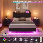Cadre de lit flottant sécurisé COZONY, lumières LED et station de charge, tête de lit rembourrée, lattes en bois