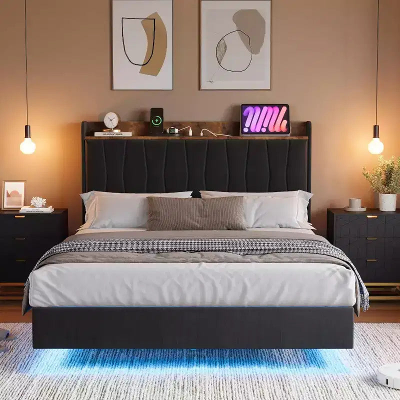 Cadre de lit flottant sécurisé COZONY, lumières LED et station de charge, tête de lit rembourrée, lattes en bois
