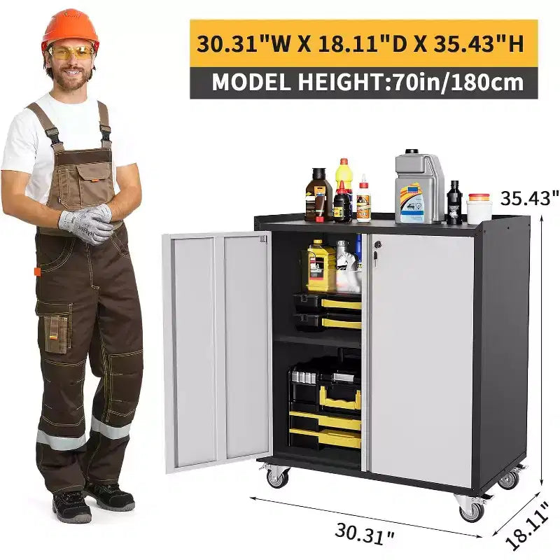 Meuble de rangement métallique verrouillable de 89,9 cm de haut avec porte - Armoire roulante de garage avec étagères et plan de travail supérieur (motif de clôture) pour garage, maison, bureau