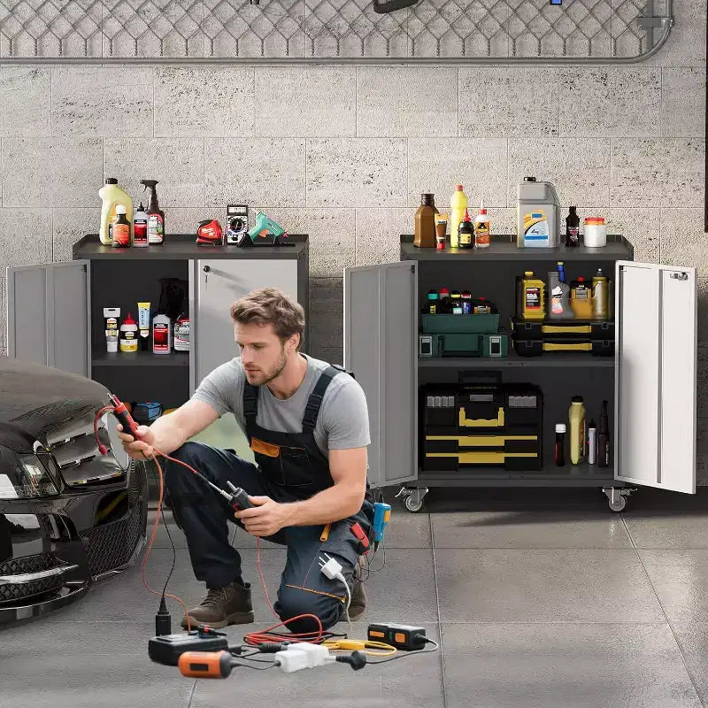 Meuble de rangement métallique verrouillable de 89,9 cm de haut avec porte - Armoire roulante de garage avec étagères et plan de travail supérieur (motif de clôture) pour garage, maison, bureau