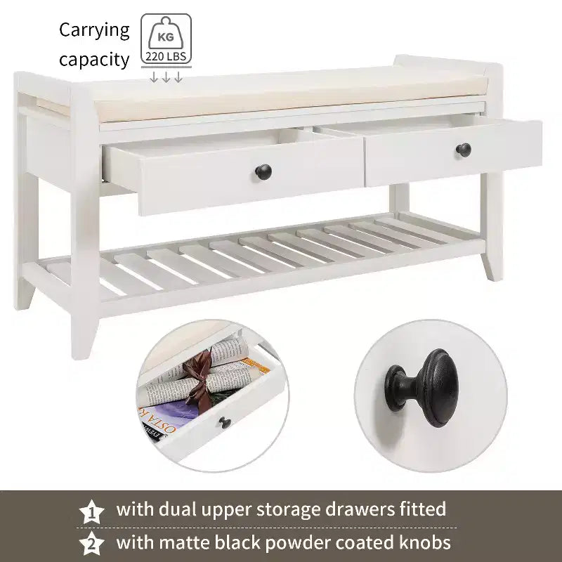 Banc de rangement d'entrée avec étagère à chaussures, 2 tiroirs et coussin, banc à chaussures pour entrée, couloir, hall d'entrée, salon, banc de bout de lit pour chambre à coucher