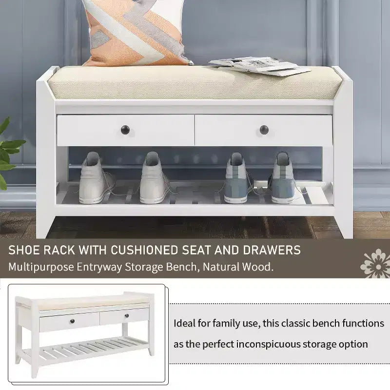 Banc de rangement d'entrée avec étagère à chaussures, 2 tiroirs et coussin, banc à chaussures pour entrée, couloir, hall d'entrée, salon, banc de bout de lit pour chambre à coucher