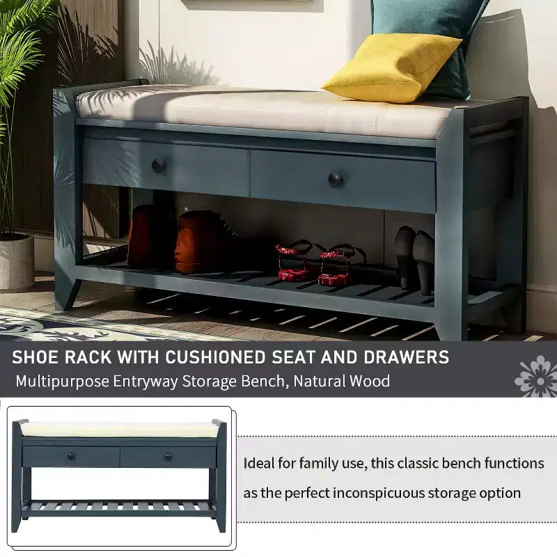 Banc de rangement d'entrée avec étagère à chaussures, 2 tiroirs et coussin, banc à chaussures pour entrée, couloir, hall d'entrée, salon, banc de bout de lit pour chambre à coucher